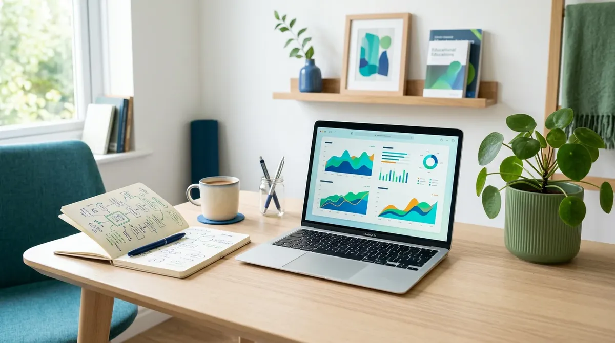 Stanowisko do nauki z laptopem i notatkami w jasnym wnętrzu biura edukacyjnego