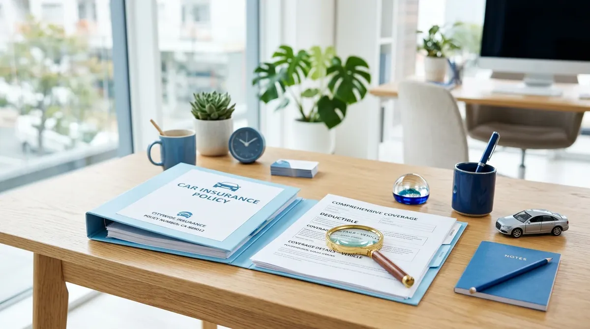 Edukacyjna scena biurowa z dokumentami ubezpieczeniowymi i materiałami dydaktycznymi